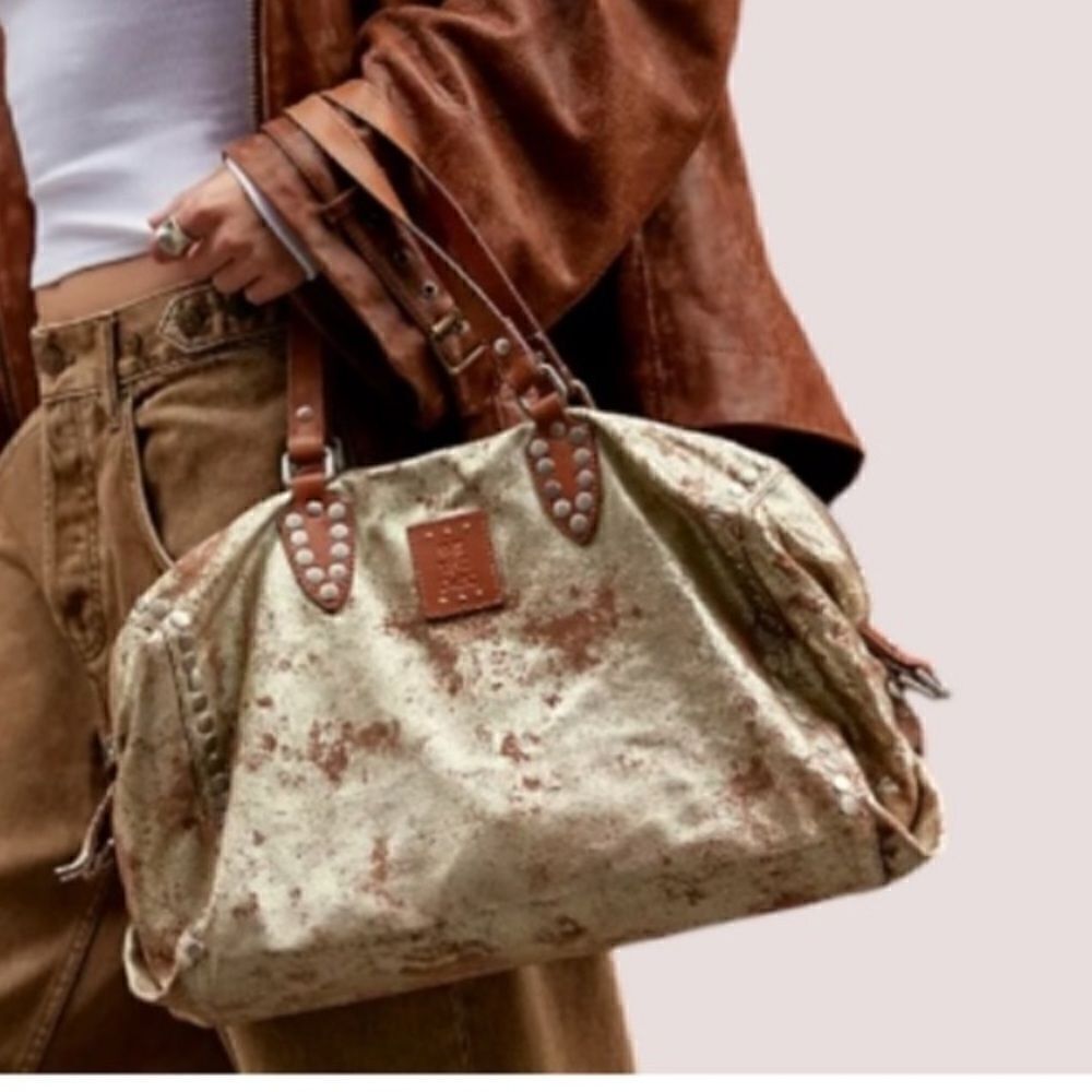 Free People Metallic Gold Tote with Brown Leather Accents
